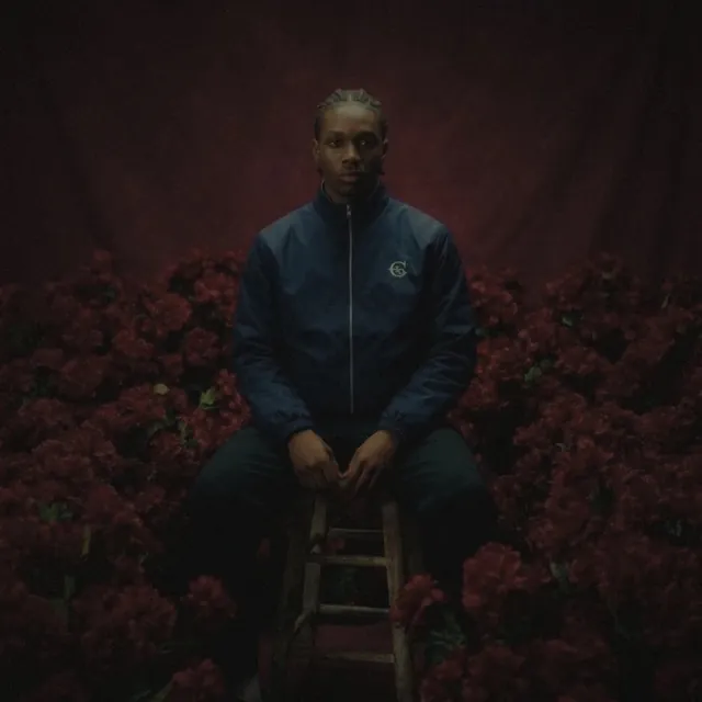 A person seated on a wooden stool surrounded by red flowers