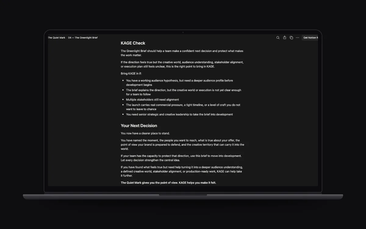 KAGE Check and Your Next Decision pages from the workspace on a laptop